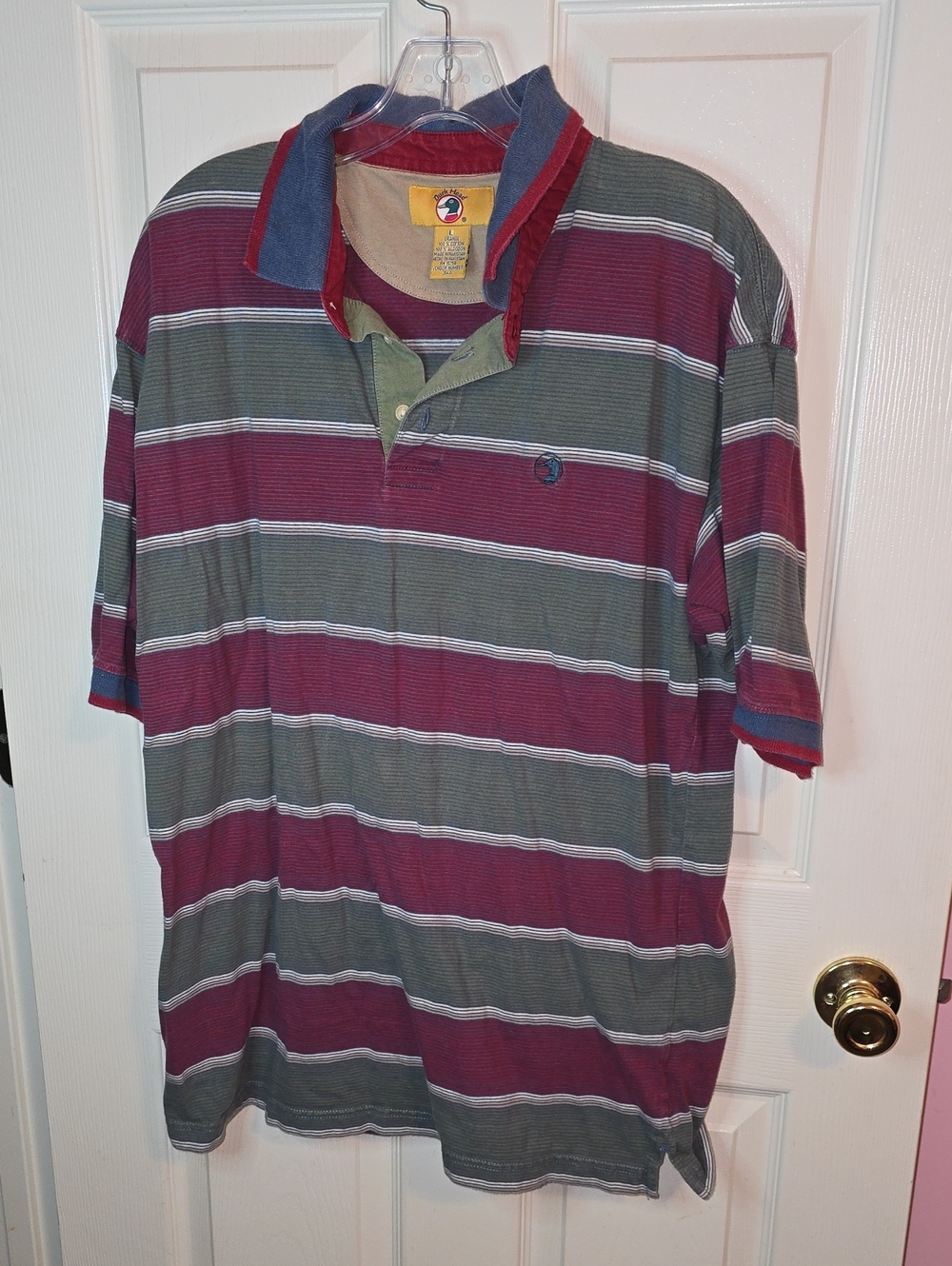 Duck Head Striped Polo in Burgundy and Olive with Navy Collar